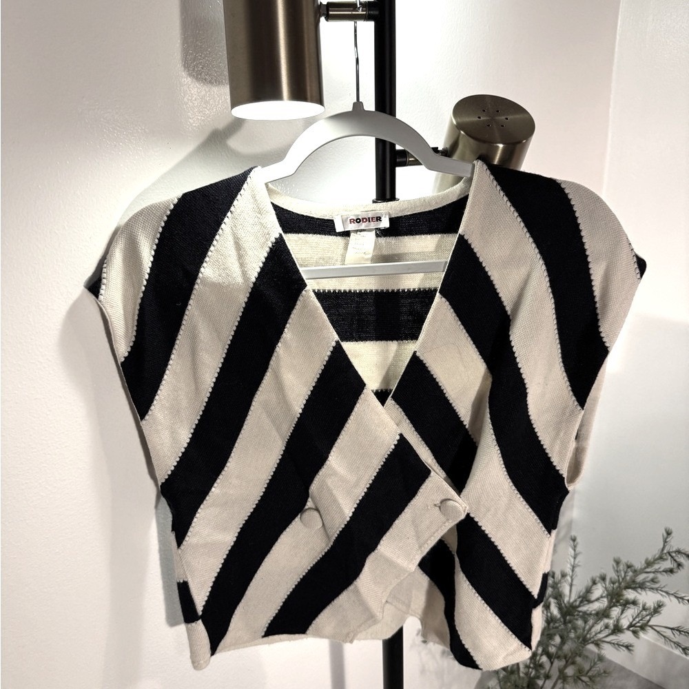 Rodier Paris vintage like new tailored fit button front striped wool chic Top LG